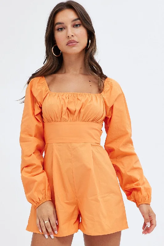 Orange Poplin Playsuit Long Sleeve Tie Back