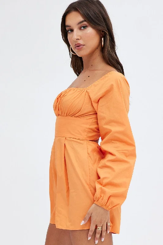 Orange Poplin Playsuit Long Sleeve Tie Back