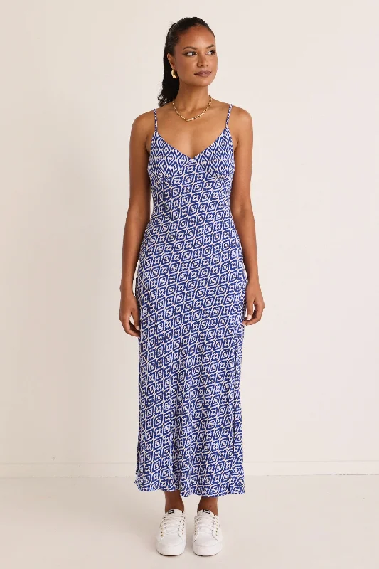 Otherworldly Electric Blue Batik Bias Slip Midi Dress