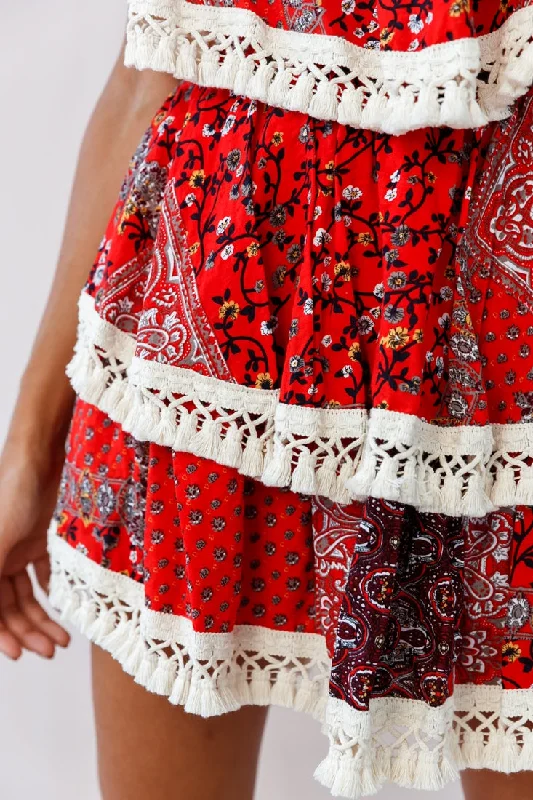 Palau Tassel-Trimmed Paisley Skirt Red