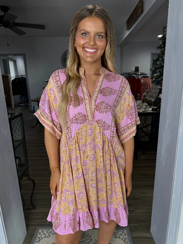 Pale yellow & pink boho flowy dress