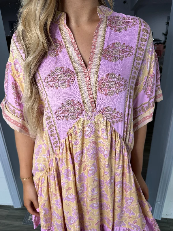 Pale yellow & pink boho flowy dress