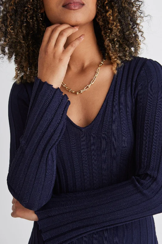 Parker Indigo Ls V Neck Wide Rib Knit Dress