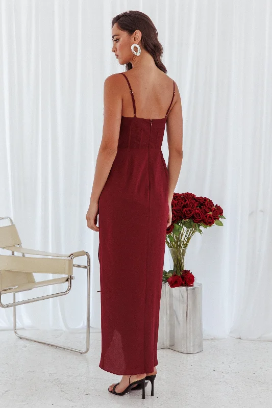 Patrice Draped Neck Split Midi Dress Wine