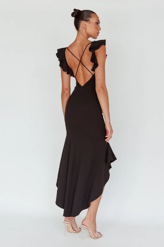 Pearl Ruffle Strap High-Low Hem Dress Black