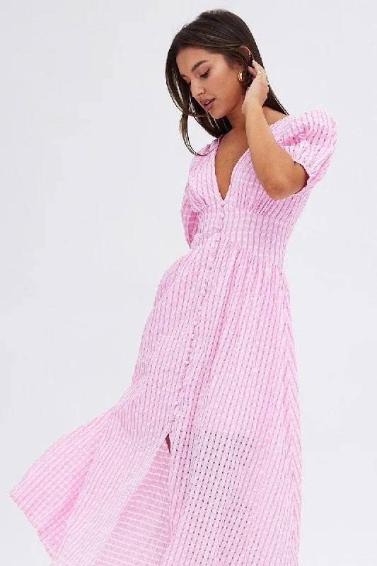 Pink Check Midi Dress Puff Sleeve V-Neck