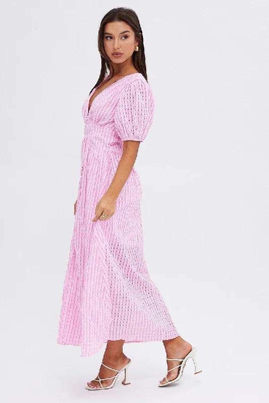 Pink Check Midi Dress Puff Sleeve V-Neck