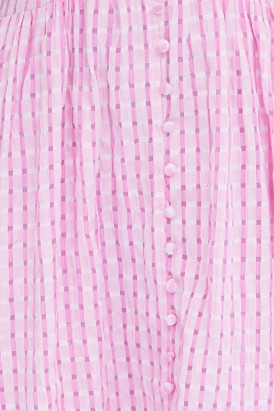 Pink Check Midi Dress Puff Sleeve V-Neck