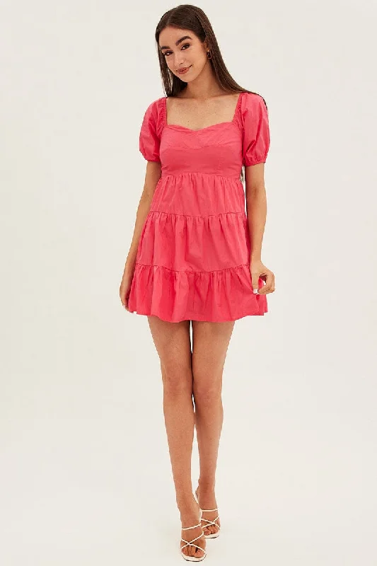 Pink Fit And Flare Dress Mini Sweetheart Poplin