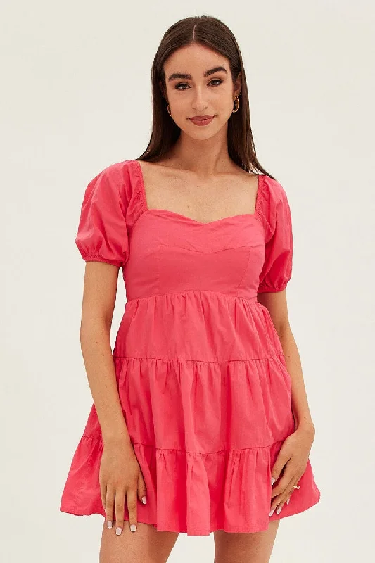 Pink Fit And Flare Dress Mini Sweetheart Poplin