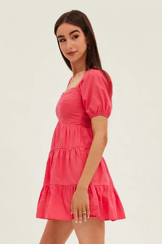 Pink Fit And Flare Dress Mini Sweetheart Poplin