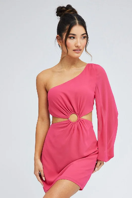 Pink Fuchsia One Shoulder Ring Detail Dress