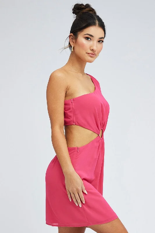 Pink Fuchsia One Shoulder Ring Detail Dress