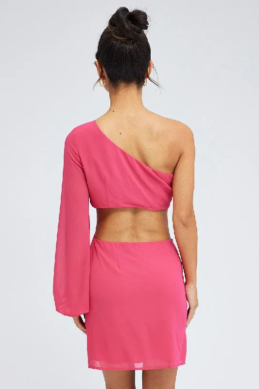 Pink Fuchsia One Shoulder Ring Detail Dress