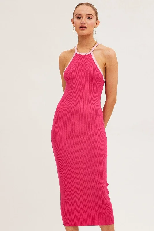 Pink Knit Dress Midi Halter Neck Binding Detail