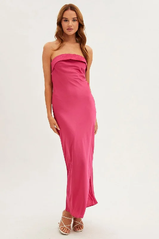 Pink Maxi Dress Strapless Satin Party