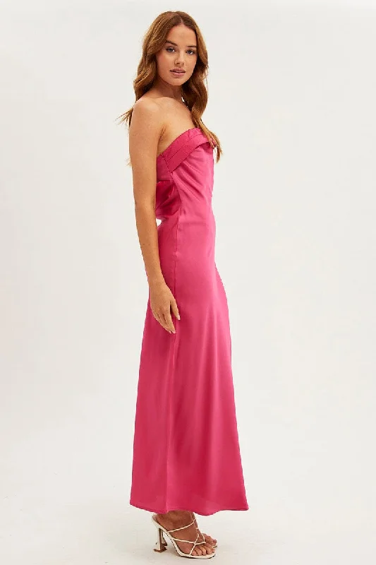 Pink Maxi Dress Strapless Satin Party