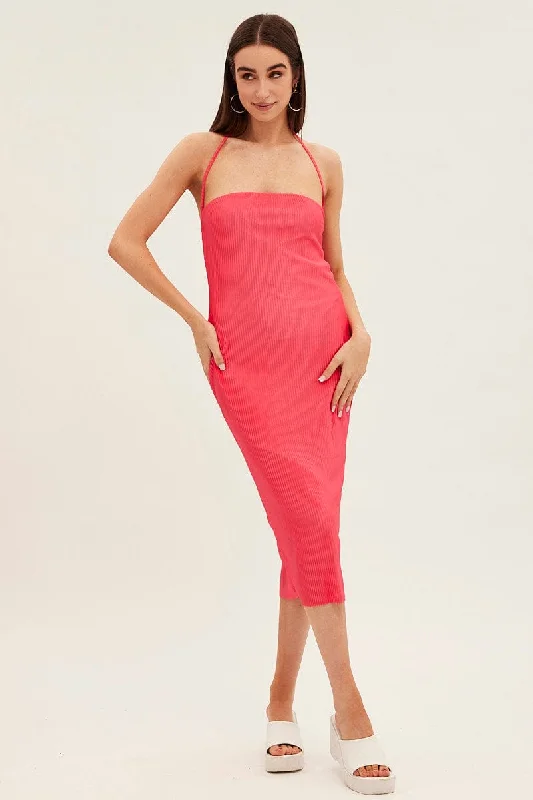 Pink Midi Dress Bandeau Plisse