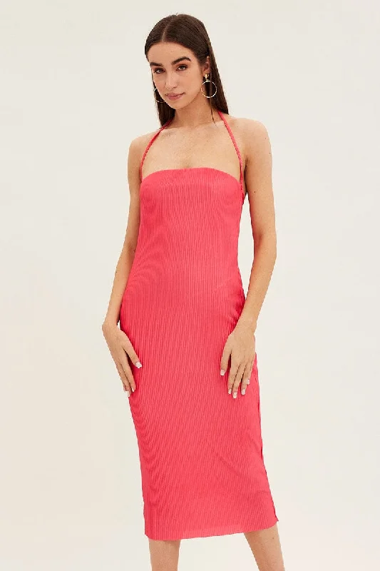 Pink Midi Dress Bandeau Plisse