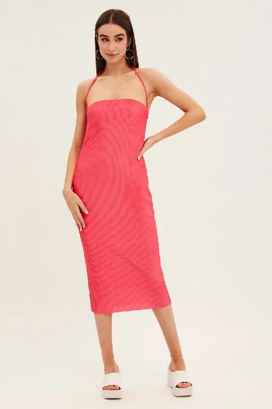 Pink Midi Dress Bandeau Plisse