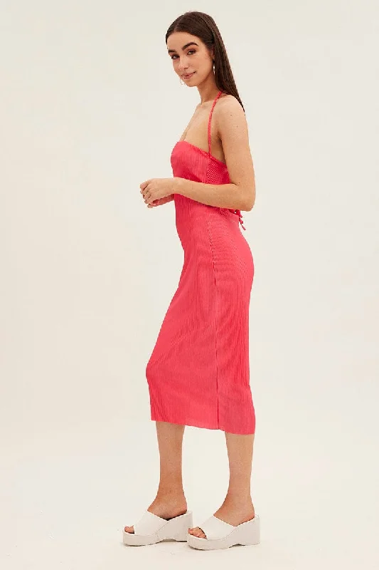 Pink Midi Dress Bandeau Plisse