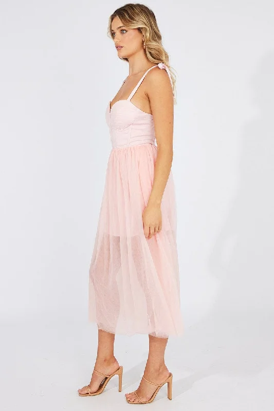 Pink Midi Dress Tulle Corset Detail Occasion Dress