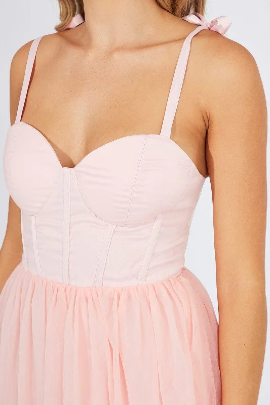 Pink Midi Dress Tulle Corset Detail Occasion Dress