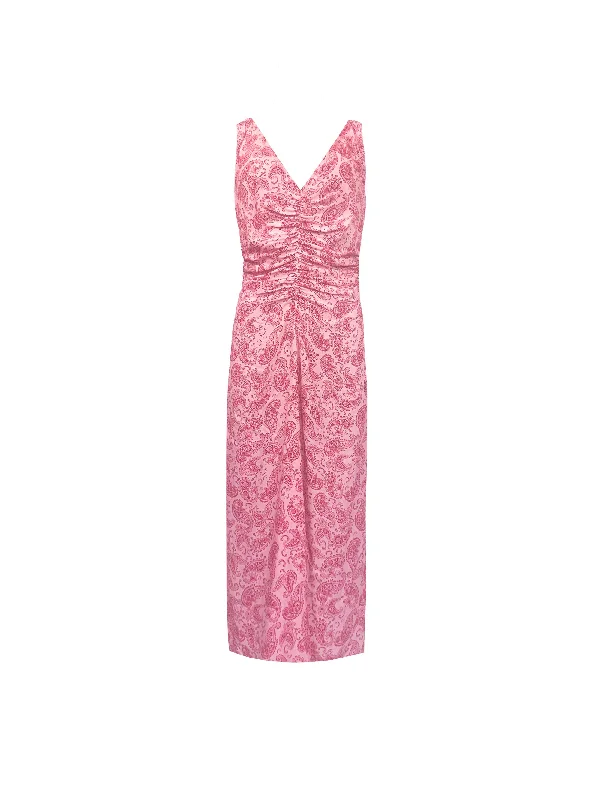 Pink Paisley Ruched Front V-Neck Midi Dress