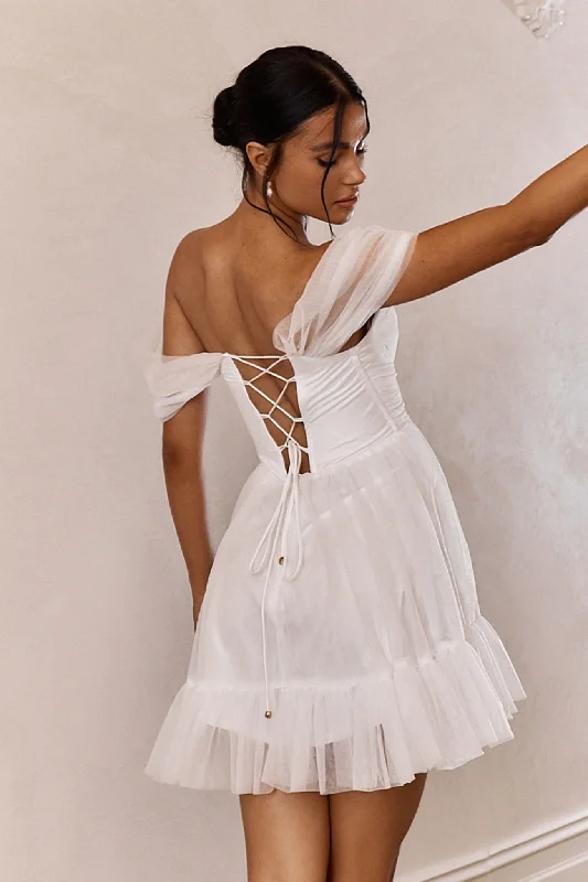 Pixi Off-Shoulder Lace-Up Back Mini Dress White