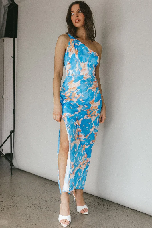 Portland One-Shoulder Maxi Dress Floral Blue