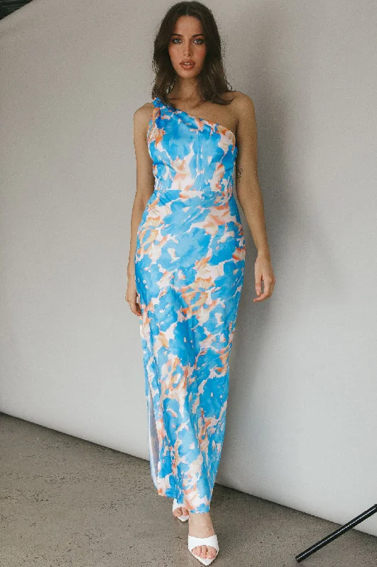 Portland One-Shoulder Maxi Dress Floral Blue