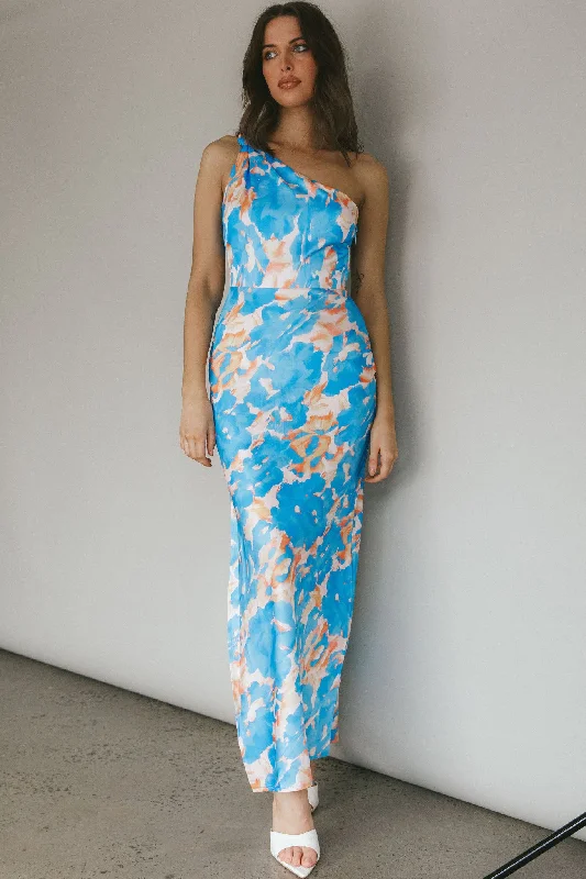 Portland One-Shoulder Maxi Dress Floral Blue