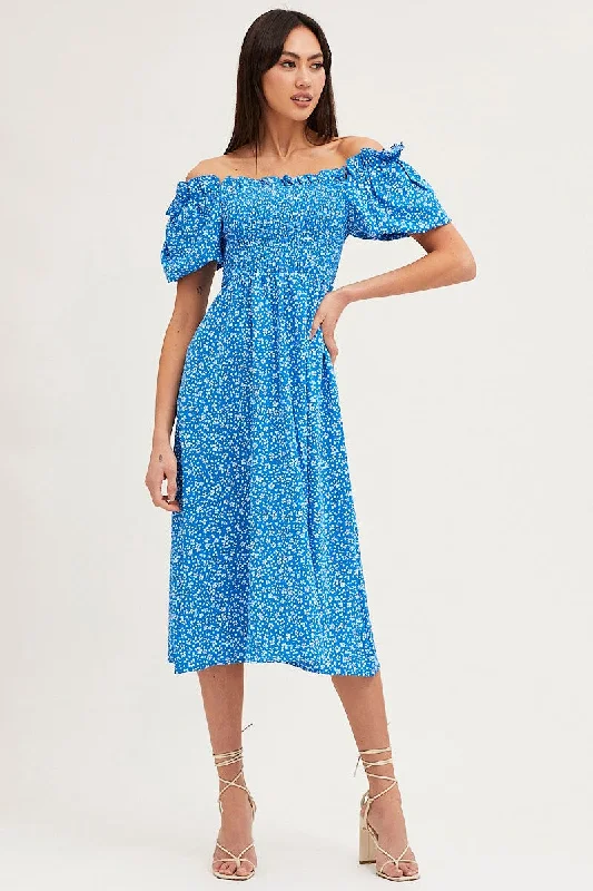 Print Midi Dress Long Sleeve Square Neck