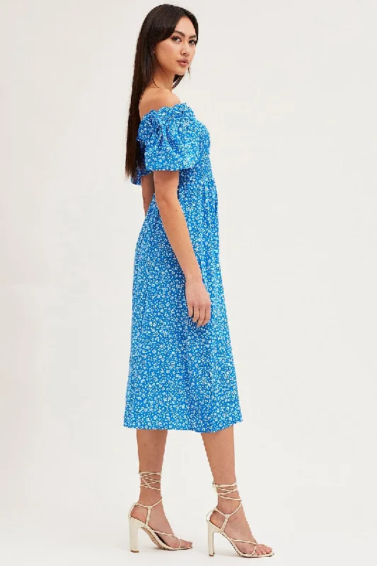 Print Midi Dress Long Sleeve Square Neck