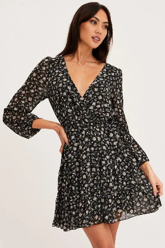 Print Mini Dress Long Sleeve V Neck