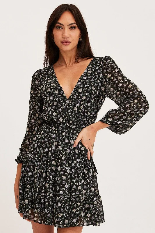 Print Mini Dress Long Sleeve V Neck