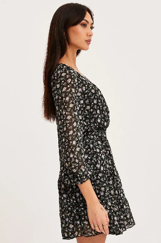 Print Mini Dress Long Sleeve V Neck