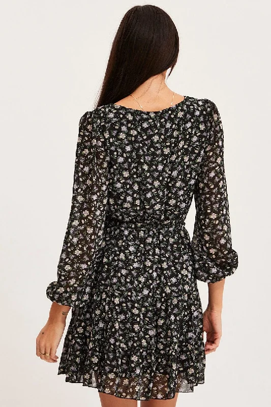 Print Mini Dress Long Sleeve V Neck