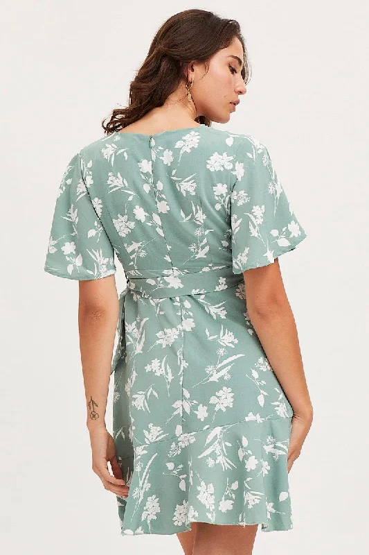 Print Wrap Dress Short Sleeve Mini Ruffle