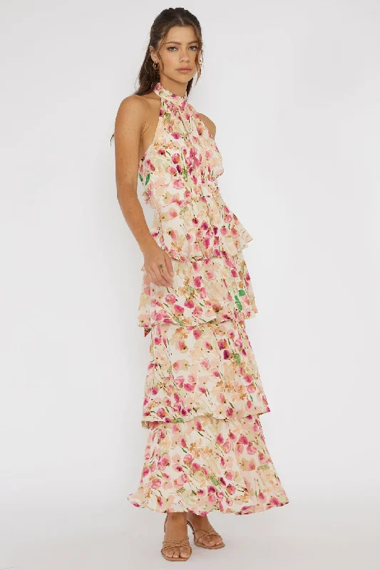 Provence Bloom Tiered Halterneck Dress Pink