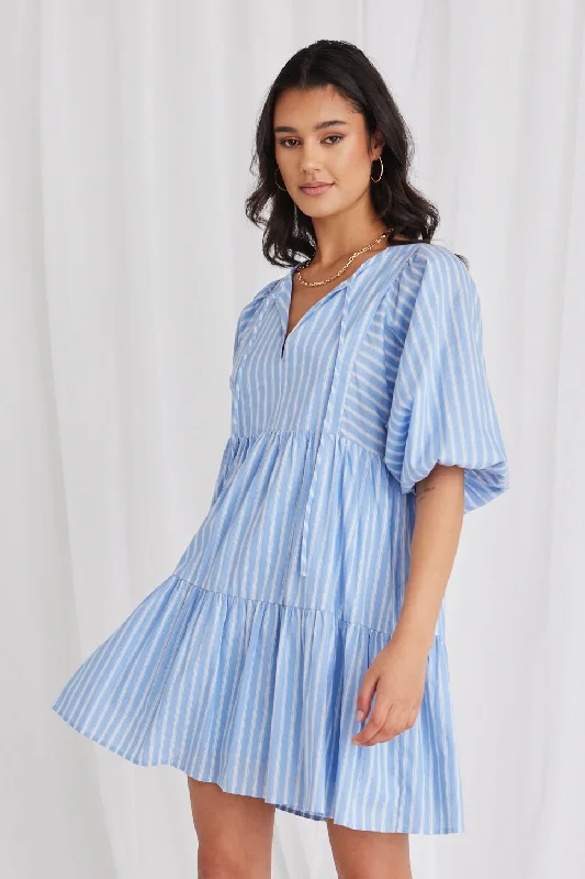 Provocation Blue Stripe Frill Hem Half Sleeve Smock Mini Dress