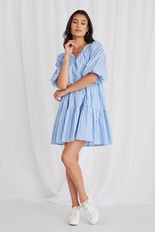 Provocation Blue Stripe Frill Hem Half Sleeve Smock Mini Dress