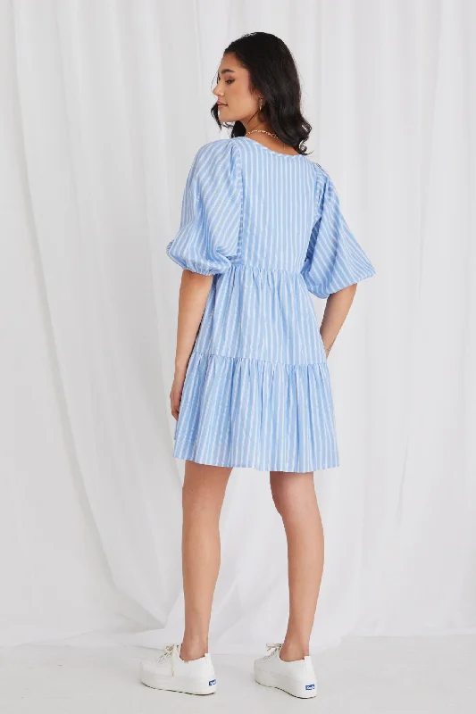 Provocation Blue Stripe Frill Hem Half Sleeve Smock Mini Dress