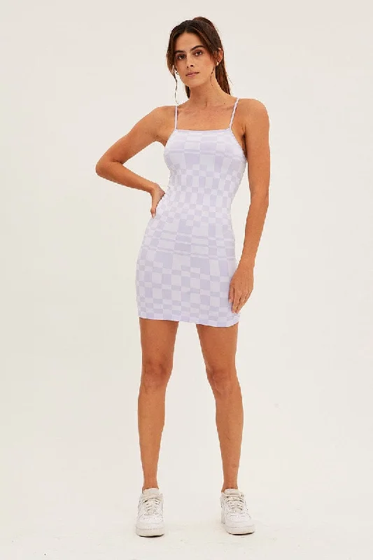 Purple Check Bodycon Dress Sleeveless Square Neck Seamless