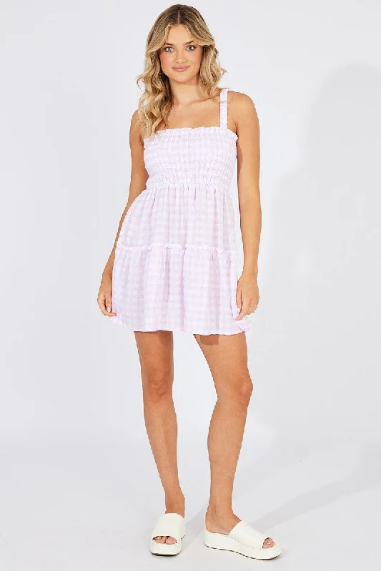 Purple Check Fit And Flare Dress Shirred Bust Mini