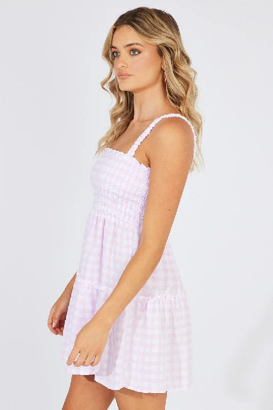 Purple Check Fit And Flare Dress Shirred Bust Mini