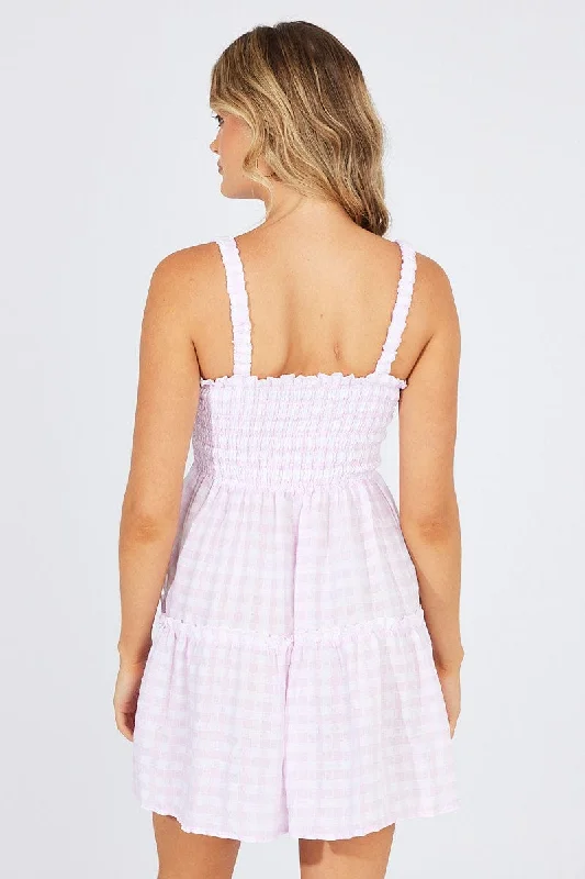 Purple Check Fit And Flare Dress Shirred Bust Mini