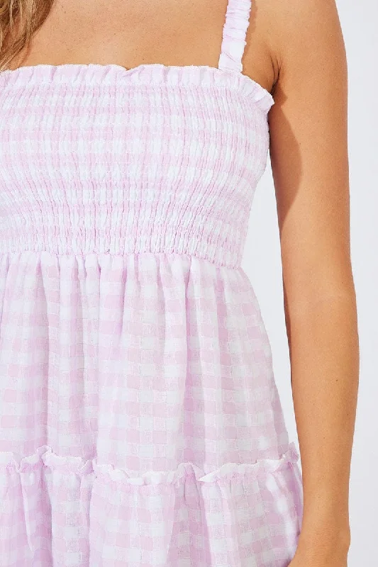 Purple Check Fit And Flare Dress Shirred Bust Mini