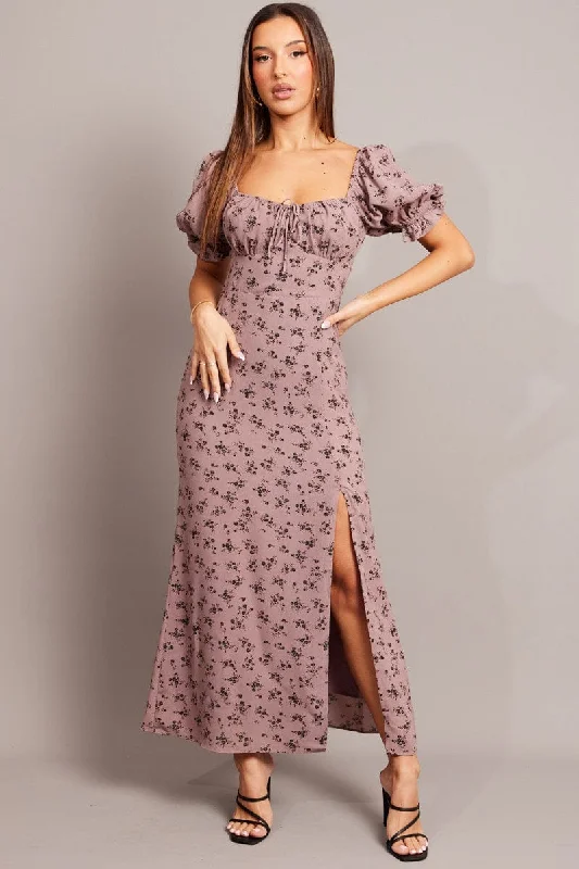 Purple Ditsy Midi Dress Puff Sleeve