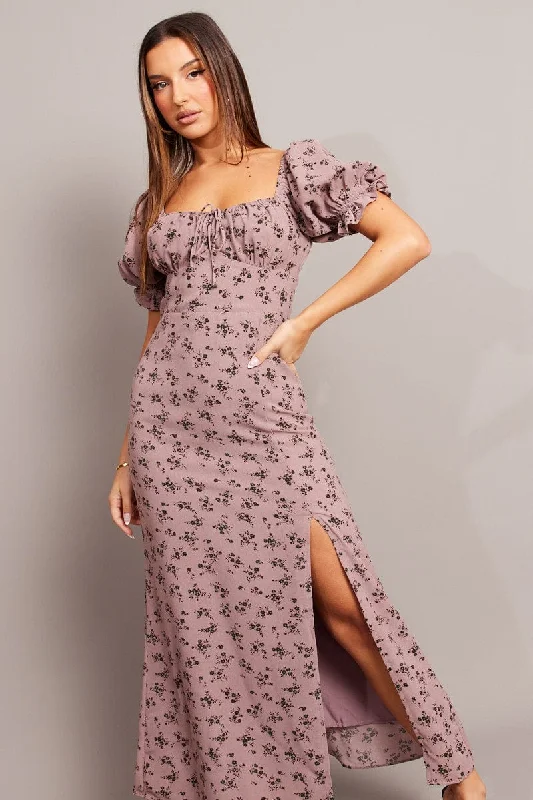 Purple Ditsy Midi Dress Puff Sleeve